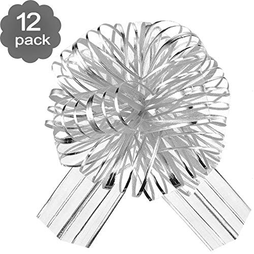 12 Pieces Pull Bow Large Organza Pull Bow Gift Wrapping Pull Bow with Ribbon for Wedding Gift Baskets, 6 Inches Diameter (Silver)