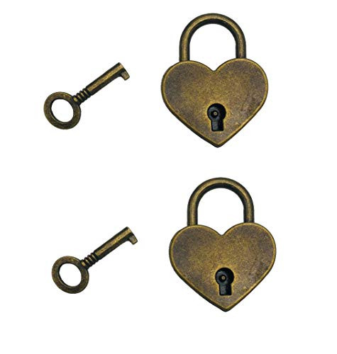 Mini Bronze Vintage Style Lock Mini Love Shape Antique Lock Replica Padlock with Keys, Pack of 2