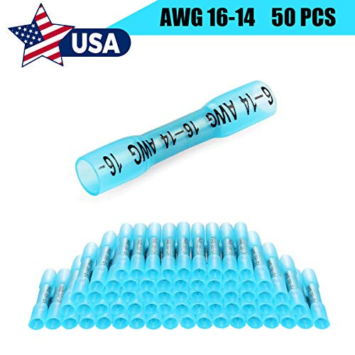 GBAuto Blue Heat Shrink Butt Connectors 16-14 Gauge-Insulated Waterproof Electrical Connectors Wire Terminals Marine Automotive Crimp-Butt Splice Connectors - 50PCS