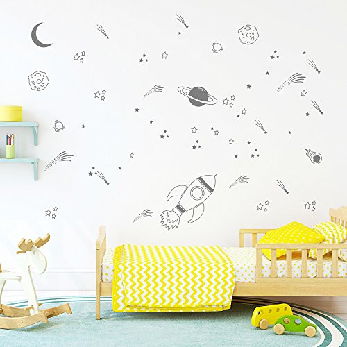 DecalMile Gray Outer Space Wall Decals Planet Rocket and Stars Wall Stickers for Kids Nursery Bedroom Playroom Classroom Wall Decor