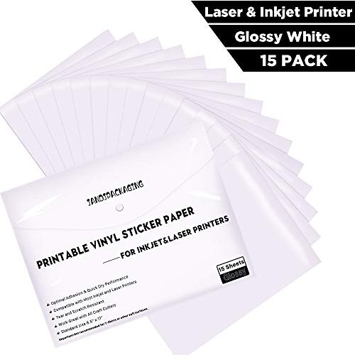 Printable Vinyl Sticker Paper - Waterproof Printable Vinyl for Laser & Inkjet Printer 15 Self-Adhesive Sheets - Glossy White - Standard Letter Size 8.5"x11"