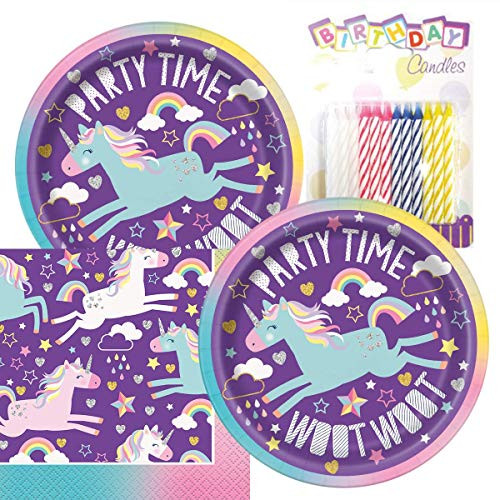 Unicorn Birthday Party Pack  Includes 7 Paper Plates & Beverage Napkins Plus 24 Birthday Candles  Serves 16