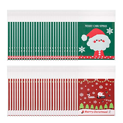 200PCS Christmas Candy Bags, Self Adhesive Resealable OPP Plastic Cookie Treat Bakery Gift Bags for Christmas Holiday Party Supplies