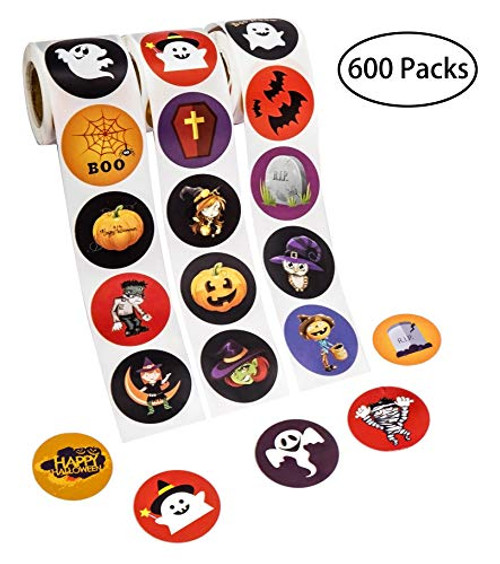 Halloween Favors Stickers Roll - Assorted Jack O Lantern Party Decorations Trick or Treat Goodie Bag Stuffer Filler for Kids - Pumpkin / Bats / Spiders / Witch