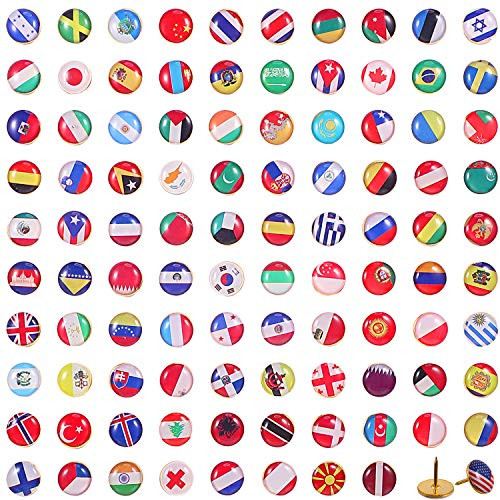 100 Pieces Creative Push Pins National Flag Thumb Tacks Country Map Push Pins for Bulletin Board, Map, Office