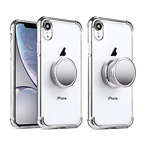 iPhone XR Clear Case with Stand Premium Soft TPU Protective Shockproof Case with Kickstand Grip Iron Mirror Fit Car Mount (Clear+Silver)