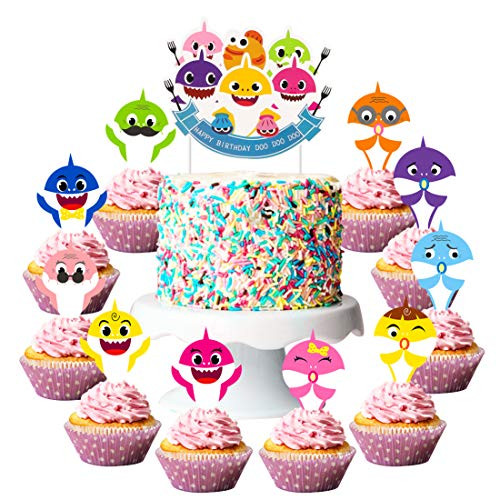 Ticiaga Little Shark Birthday Cake Topper, Doo Doo Shark Happy Birthday Cake Topper, 30pcs Shark Family Cupcake Toppers, Cute Doo Doo Party Supplies for Kids Birthday Party Decoration with Card Board
