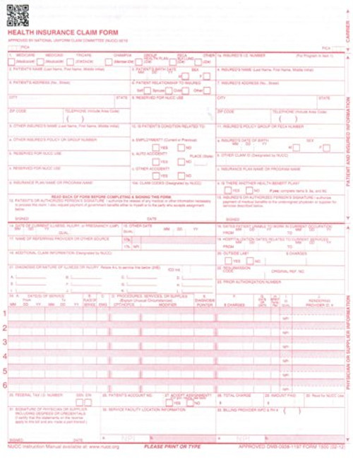 New CMS 1500 Health Insurance Claim Forms, HCFA Approved Version (02/12) - Ream of 100 Forms