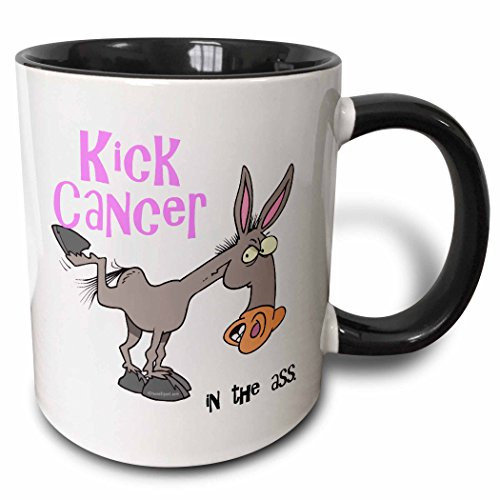 3dRose 115585_4 Kick Cancer In The Ass Awareness Ribbon Cause Design Two tone black mug, 11 oz, White