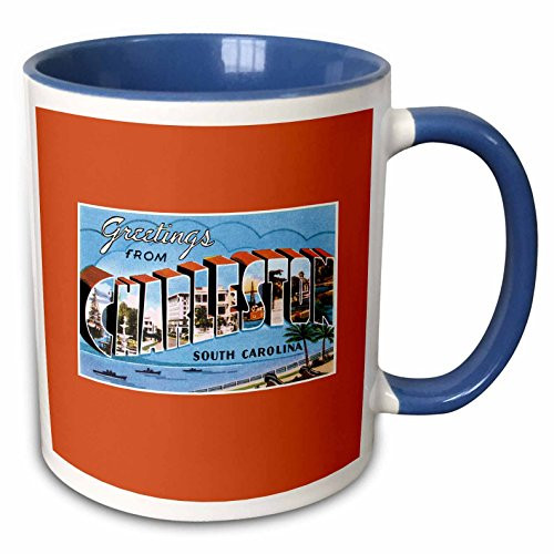 3dRose 170615_6 Greetings From Charleston South Carolina Ocean Scene Two Tone Mug, 11oz, Blue