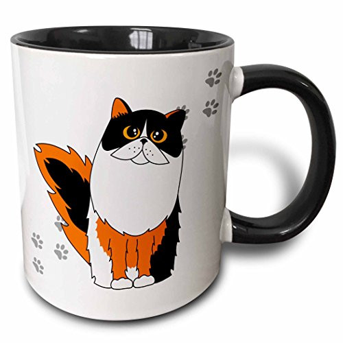 3dRose 6110_4 Calico Long-Haired/Persian Cat White Paw-Print - Two Tone Black Mug, 11 oz, Multicolored