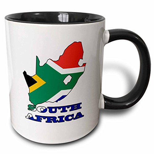 3dRose 99131_4 Flag Outline map and Name South Africa Two tone black mug 11 oz White