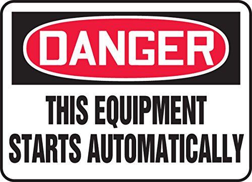 Accuform MEQM083XV Adhesive Dura-Vinyl Safety Sign, Legend"DANGER THIS EQUIPMENT STARTS AUTOMATICALLY", 7" Length x 10" Width x 0.006" Thickness, Red/Black on White