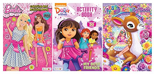 Bundle of 3 Coloring and Activity Books - Barbie, Dora and Friends, Lisa Frank