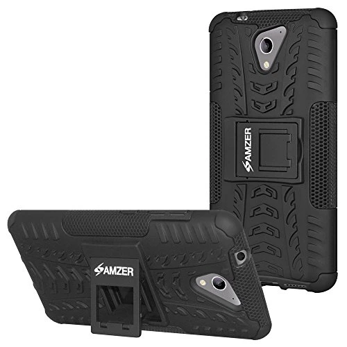 AMZER Slim Protective Shockproof Hybrid Warrior Case Heavy Duty Dual Layer Cover Skin for ZTE A510 - Black/Black