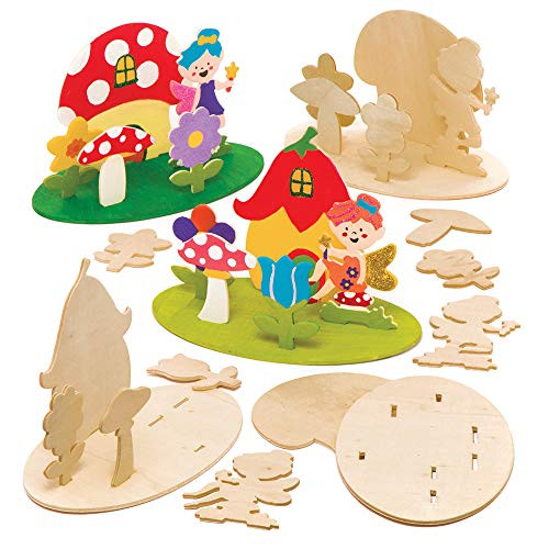Baker Ross Wooden 3D Fairy Scene Stand up Model Kits for Kids (Pack of 4) Wooden Craft Fun to Decorate and Display