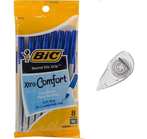 BIC Round Stic Grip Xtra Comfort Ballpoint Pen, Medium Point (1.2mm), Blue, 8-Count With Correction Tape