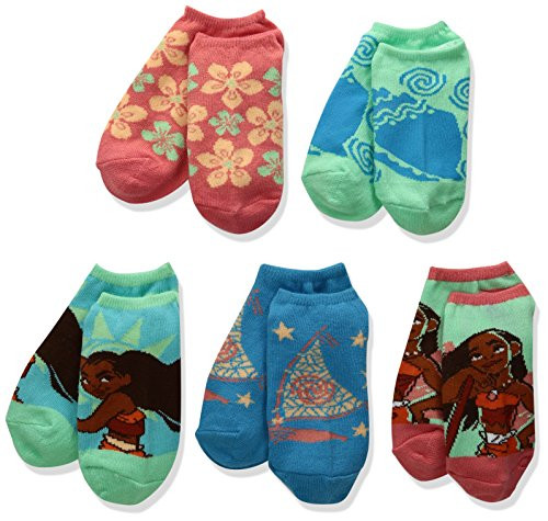 Disney Girls' Little Moana 5 Pack No Show, Assorted Bright, Sock Size 6-8.5; Shoe Size 7.5-3.5