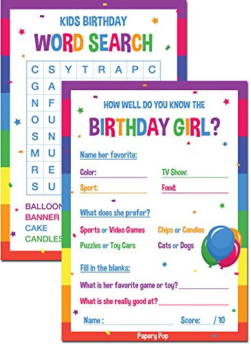Kids Birthday Party Games for Girl (30 Pack) - 15 How Well Do You Know the Birthday Girl Cards and 15 Word Search Cards