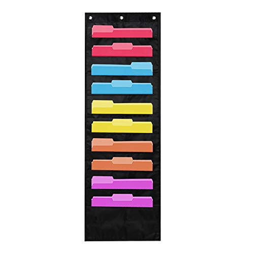 Hanging File Folders Organizer, 10 Pockets, 3 Hangers Cascading Wall Organizer, Large Pockets File Organizer for Office, Home, School (1Pack- Black)
