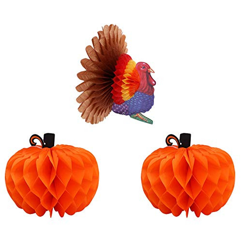 Turkey and Pumpkin Thanksgiving Decorations  Pack of 3 | Turkey and Paper Pumpkin Honeycomb | Great Centerpiece for Thanksgiving Party Favors, Dining Table Decor Pack, Outdoor Garden Festival