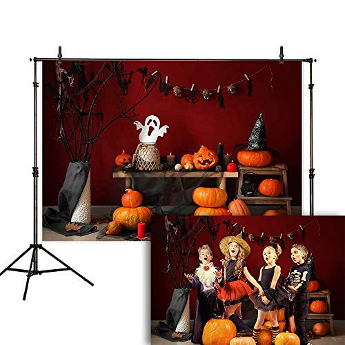 Allenjoy 7x5ft Halloween Indoor Decoration Backdrop Jack O'Lantern Pumpkin Wizard hat Ghost Bat Spider Web Autumn Photography Background Party Decorations Cake Table Banner Photo Studio Booth