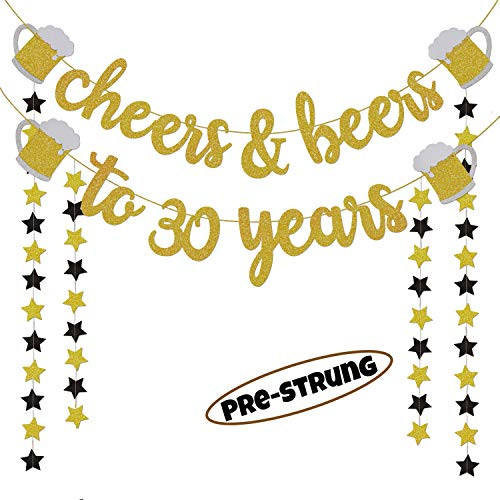 30th Birthday Decorations for Him/Her - 30th Birthday Gifts - Cheers & Beers to 30 Years Gold Glitter Banner - 30th Anniversary Decorations for Party, 30th Wedding Party Supplies for Men/Women