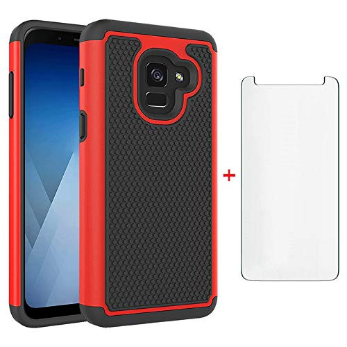 Phone Case for Samsung Galaxy A8 with Tempered Glass Screen Protector Cover and Cell Accessories Slim Rugged Silicone Hard Hybrid Protective Glaxay A 8 2018 8A SM A530F A530 Cases Women Men Black Red