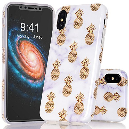 BAISRKE iPhone X Case, Marble Creative Design Case Slim Flexible Soft Silicone Bumper Shockproof TPU Rubber Glossy Skin Cover for iPhone X XS [5.8 inch]- Gold Pineapple