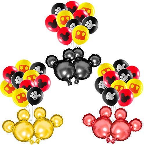 36 Pcs Mickey Balloons Set, 18Inch Aluminum Foil Balloons 12Inch Latex Balloons Red Black Yellow Mickey Color Balloons Kit for Kids Birthday Party Baby Shower Mickey Theme Party Decoration Supplies with Silver Ribbon