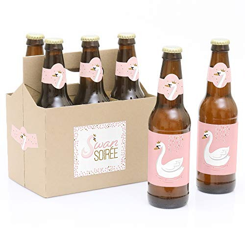 Swan Soiree - White Swan Baby Shower or Birthday Party Decorations for Women and Men - 6 Beer Bottle Label Stickers and 1 Carrier