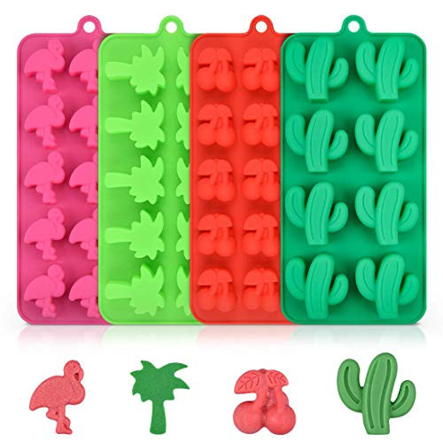 Candy Molds Silicone Chocolate Molds - Silicone Molds Including Cactus, Flamingo, Coconut Tree & Cherry for Making Candy, Chocolate, Fruit Snack, Pack of 4