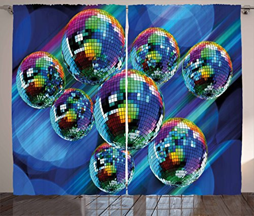 Ambesonne 70s Party Decorations Curtains, Colorful Funky Vibrant Disco Balls Abstract Night Club Dancing Theme, Living Room Bedroom Window Drapes 2 Panel Set, 108 W X 84 L Inches, Multicolor