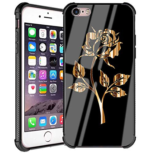 iPhone 6s Plus Case,iPhone 6 Plus Case Gold Rose Pattern Design Girl Women Tempered Glass Back + Soft Silicone TPU Shock Absorption Bumper Protective Case Compatible for iPhone 6/6s Plus Rose