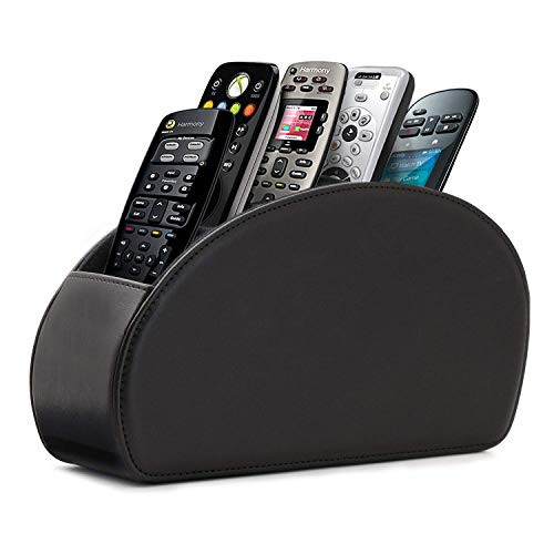 Hossejoy Remote Control Holder with 5 Compartments - PU Leather Remote Caddy Desktop Organizer for TV Remote, DVD, Controllers - Media Accessory Storage & Organizer