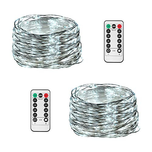 JMEXSUSS2 Pack 8 Modes Timer Remote Control Fairy String Light 100 LED 32.8ft Battery Operated Waterproof Dimmable Copper Wire Lights for Christmas, Room, Wedding (100LED, White 2 Pack)