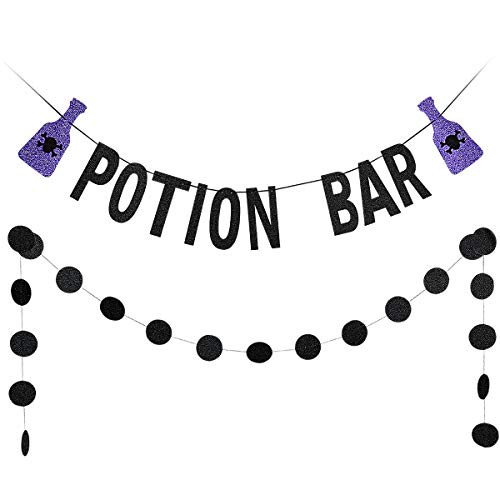 Black Glittery Potion Bar Banner and Black Glittery Circle Dots Garland,Halloween Party Home Decor Decoration Supplies