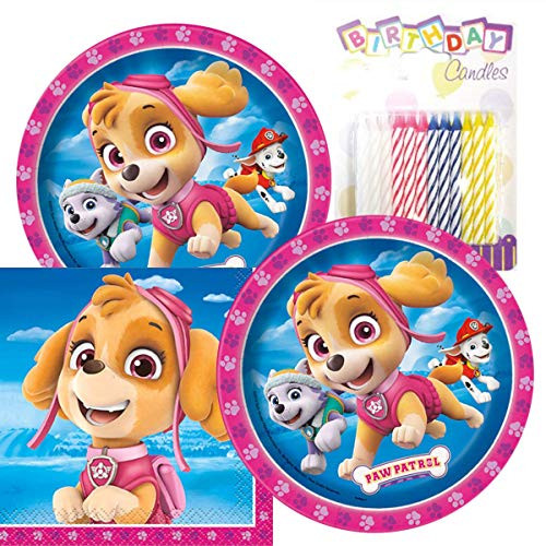 Paw Patrol Girl Birthday Party Pack  Includes 7 Paper Plates & Beverage Napkins Plus 24 Birthday Candles  Serves 16