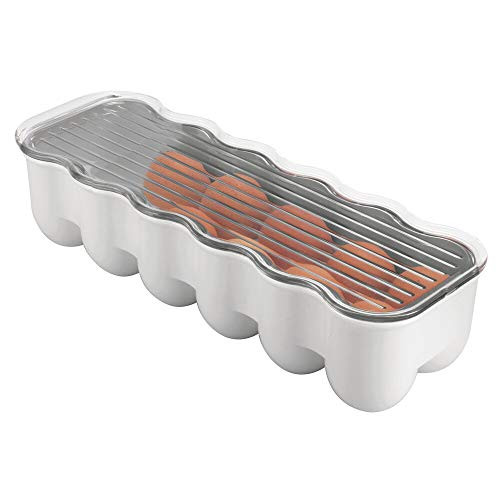 mDesign Stackable Plastic Covered Egg Tray Holder, Storage Container and Organizer for Refrigerator - Dozen-Section Carrier Bin with Lid and Handle - Holds 12 Eggs - Light Gray/Clear