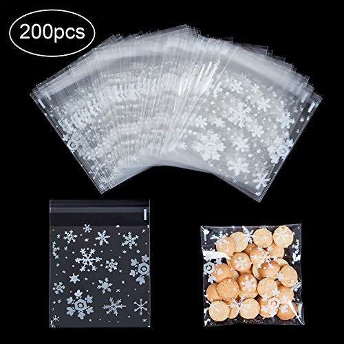200PCS Christmas Cookie Bags, Self Adhesive Resealable OPP Plastic Snowflakes Candy Treat Bakery Gift Bags for Christmas Holiday Party Supplies