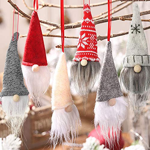 OuMuaMua 6 Pack Gnome Christmas Plush Ornaments Set - Xmas Hanging Decorations Gnome Hat Tomtees Plush Scandinavian Santa Beard Ornaments for Christmas Tree Fireplace Home Decor
