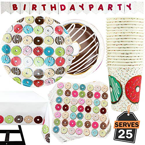102 Piece Donut Party Supplies Set Including Banner, Plates, Cups, Napkins, and Tablecloth, Serves 25