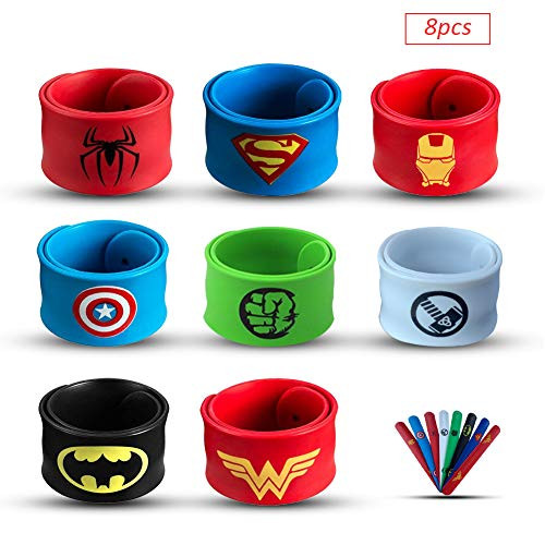 Sienon Superhero Slap Bracelets for Kids Party Favors-8 Pack Slap Bracelets-Superhero Prizes for Boys &Girls - Superhero Theme Party/Superhero Birthday Party/Christmas Halloween Party Favors Supplies