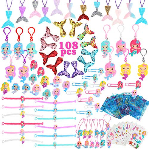 Mermaid Party Favors Supplies, 108Pcs Mermaid Tail Necklace Bracelet Ring Hair Clip Hair Tie Bookmark Keychain Sticker Gift Bag Mermaid Gifts Accessories Set Birthday Party Favors for Kids Girls
