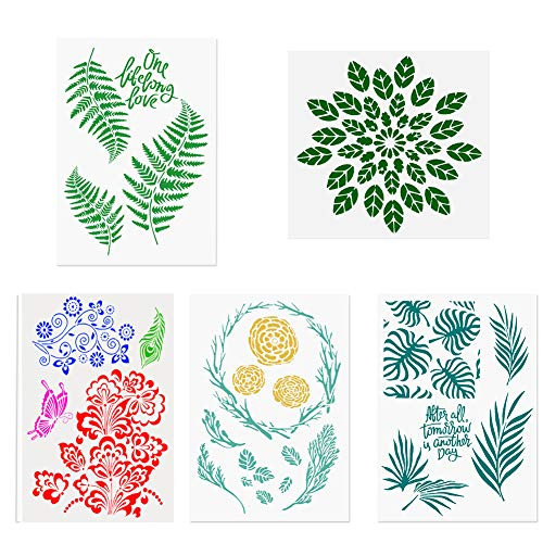 5 Packs Leaf Stencils/Monstera Palm Tropical Green Leaves/Floral Mandala Reusable Mylar Template - DIY Craft Stencils for Painting Templates for Painting, Arts, Card Making
