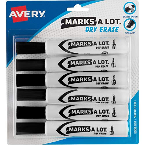 Avery Marks-A-Lot Dry Erase Markers, Chisel Tip, Desk Style, 6 Black Markers, 1 Pack (24482)