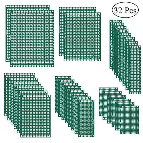 AiTrip 32 Pcs Double Sided PCB Board Prototype Kit 6 Sizes Universal Printed Circuit Protoboard for DIY Soldering Project Compatible with Arduino Kits (2X8 3X7 4X6 5X7 6X8 7x9)