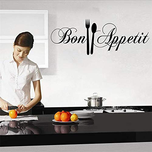 YINASI PVC Removable Wall Stickers, French Bon Appetit Quote with Folk and Spoon Kitchenware Wall Decal Kitchen Home Decor DIY Vinyl Adhesive Decoration for Kitchen Dinning Room 58X18CM