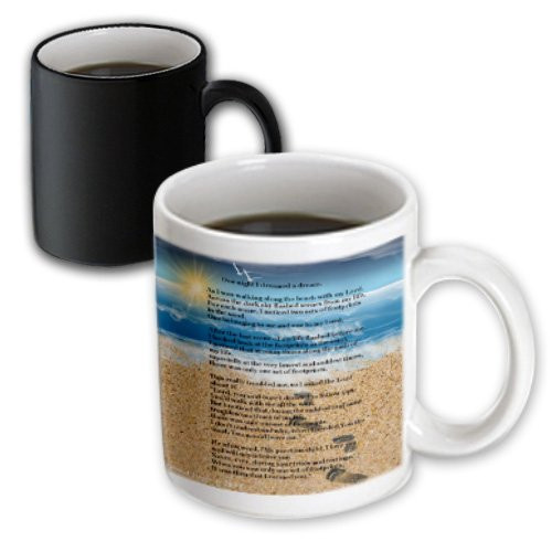 3dRose 204469_3 Footprints In The Sand On Beach With Poem Mug, 11 oz, Black/White