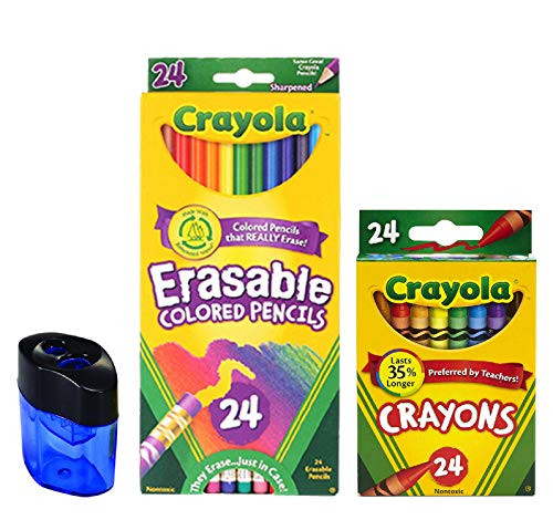 Crayola Erasable Colored Pencils, 24 Count, Pre-Sharpened, Fully Erasable| 24 Count Crayola Crayons | Crayon and Pencil Sharpener Crayola Erasable Colored Pencils, 24 Count, Pre-Sharpened, Fully Erasable| 24 Count Crayola Crayons | Crayon and Pencil Sharpener